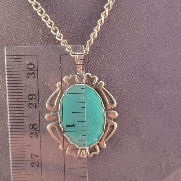 Vintage Sterling Green Blue Chalcedony Art Deco Bezel Pendant - Picture 6 of 8
